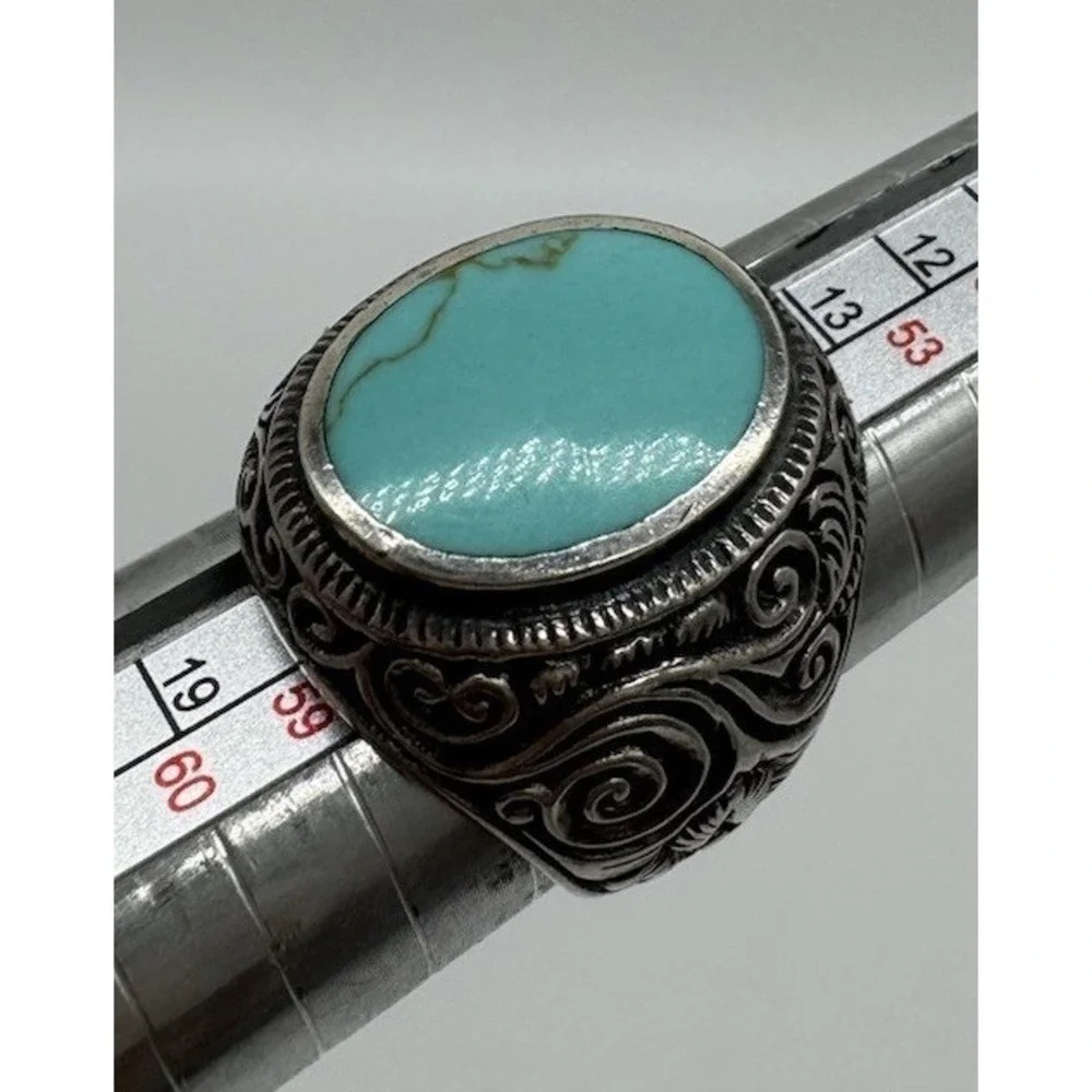 Southwestern 925 Silver Vintage Engraved Cigar Band Turquoise Inlay Ring Sz 8